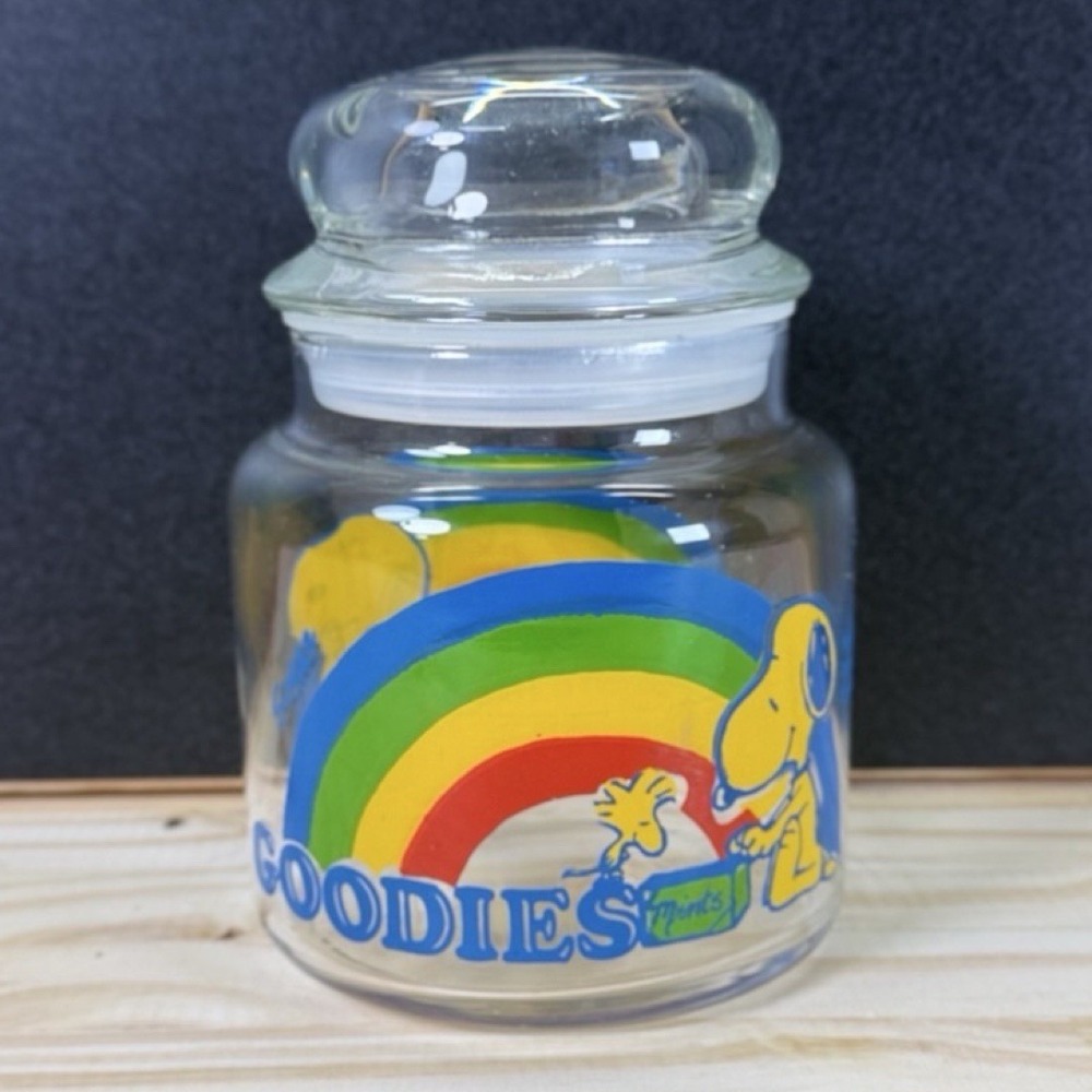 Snoopy & Woodstock Peanuts Glass Goodies Jar Rainbow Design With Lid Vintage